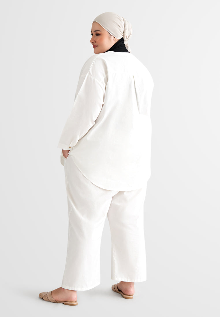 Zeah Linen Stand Collar Top - White